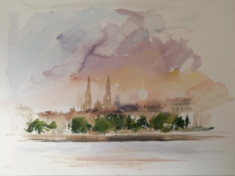 Aquarelle de la rive gauche de Bordeaux sur papier blanc