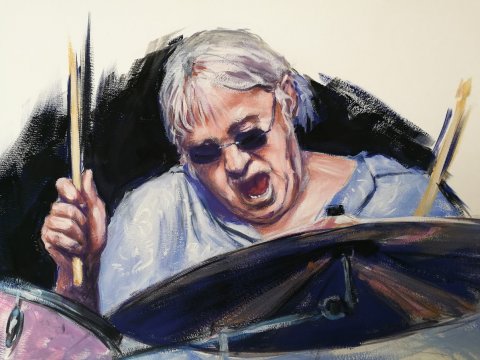 Gouache sur papier blanc : IAN PAICE, batteur du groupe Deep Purple