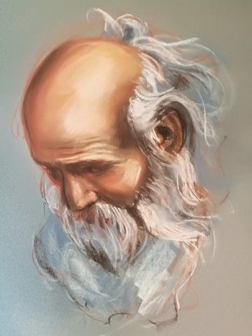 Pastel sur papier mi-teinte gris vieil homme pensif