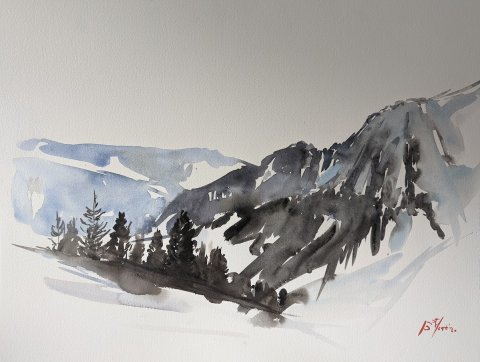 Aquarelle: hiver à Saint-Pierre-d'Entremont VENDU