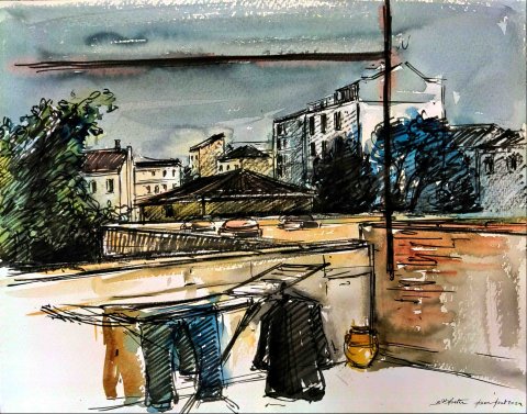 Balcon Agen aquarelle et feutre VENDU