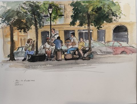 Concert Place du Maréchal Joffre aquarelle Agen VENDU